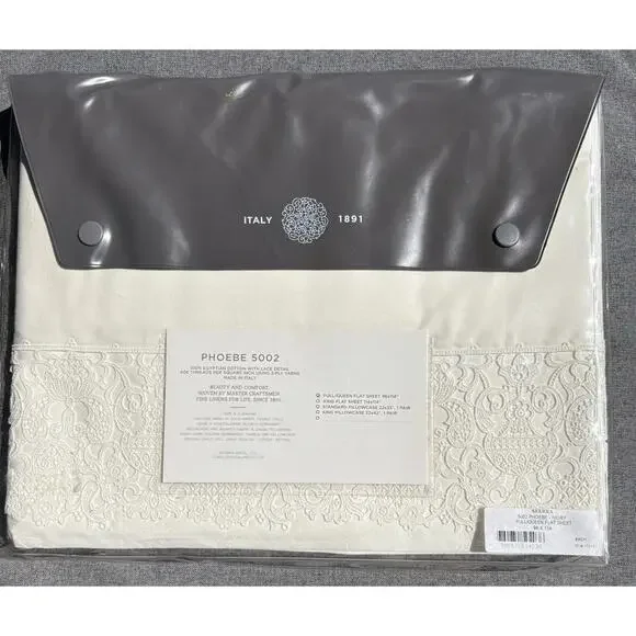 Sferra Phoebe 5002 Ivory Full/Queen Flat Sheet 100% Cotton Lace Detail 96”x114”